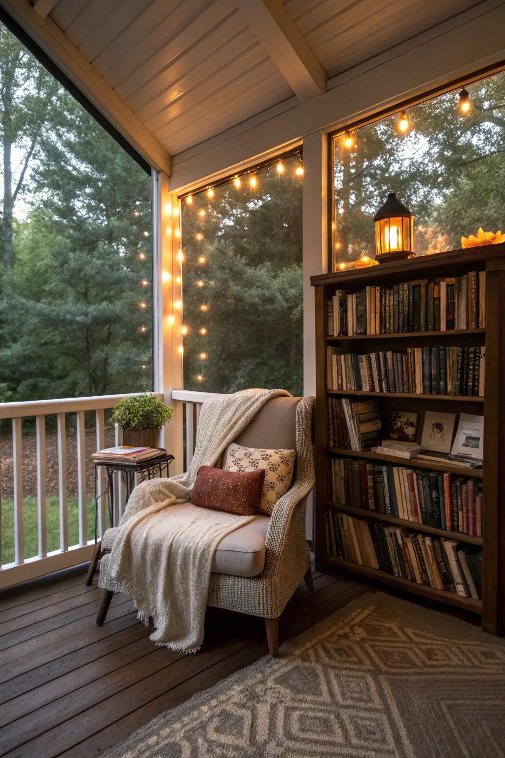 A reading sanctuary on the veranda offers a serene haven for book enthusiasts.