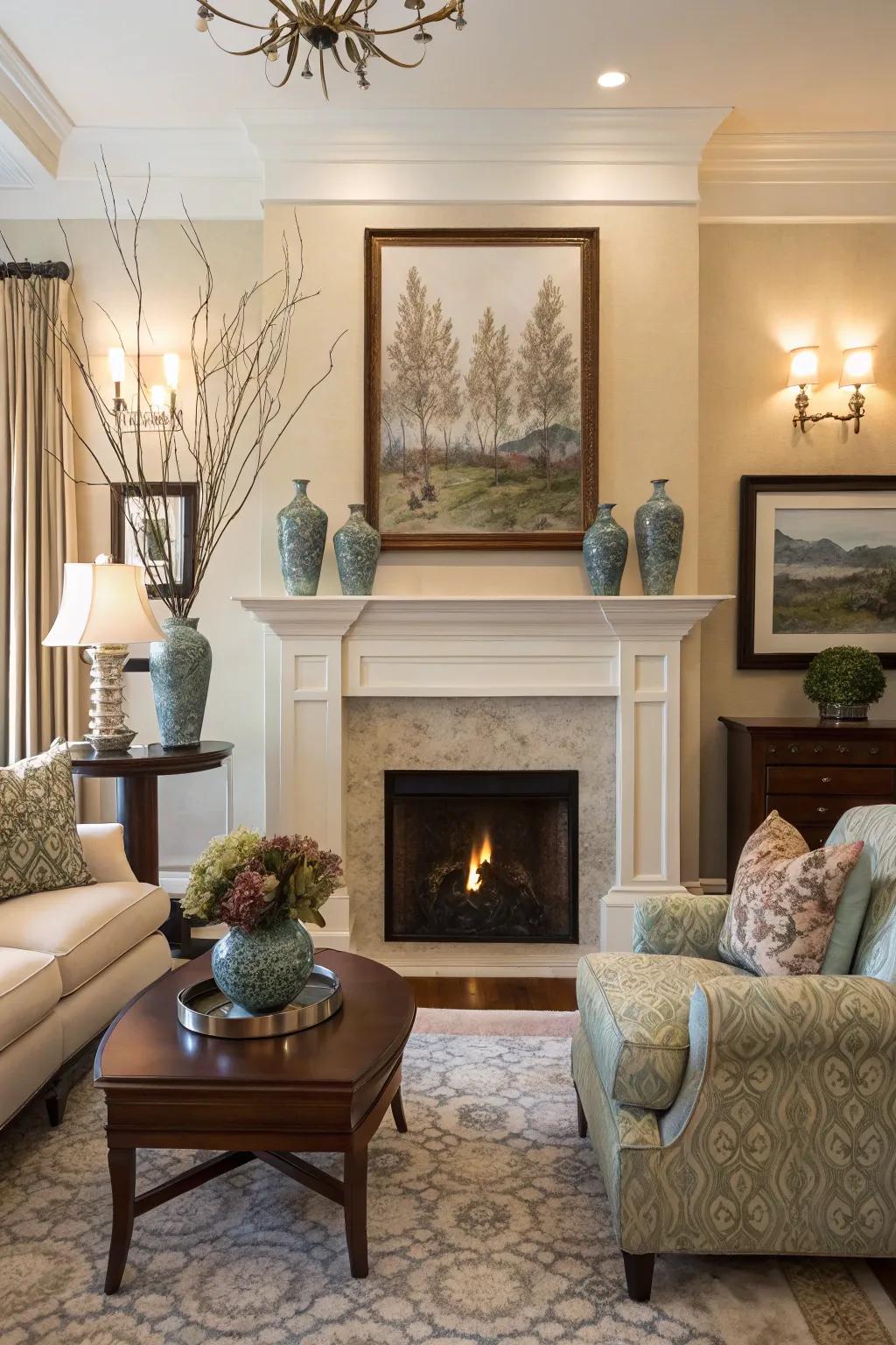 Ornamental mantel elements enhance the fireplace's visual appeal.