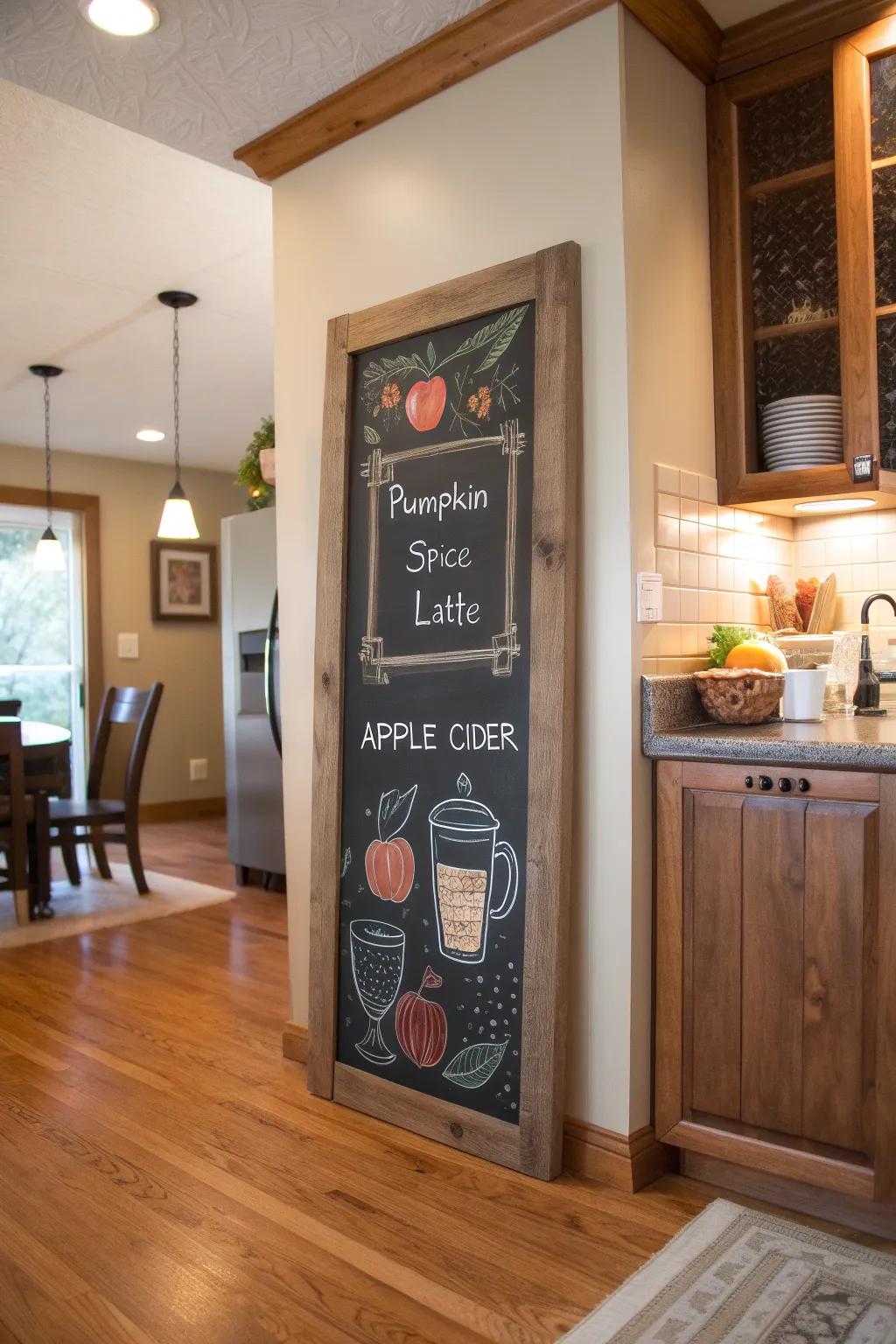 A cozy coffee spot with a chalkboard menu showcasing fall-themed drinks.