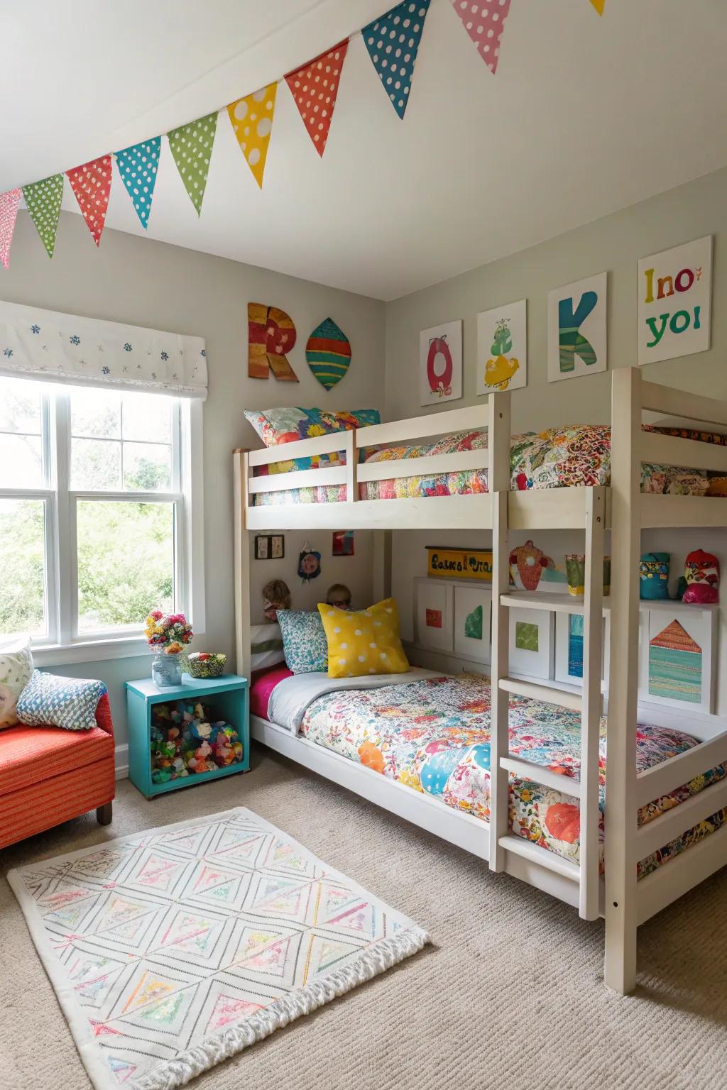 Elevated beds create open floor space for play and creativity.