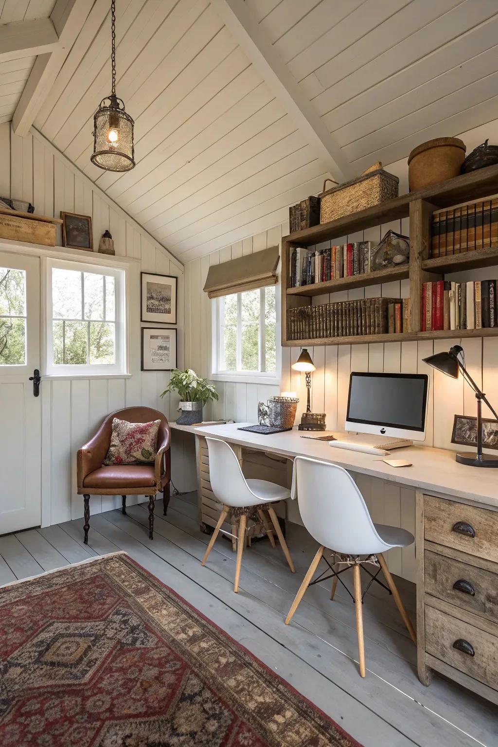 Build a productive home office in your she shed using a mix of modern and vintage furniture.