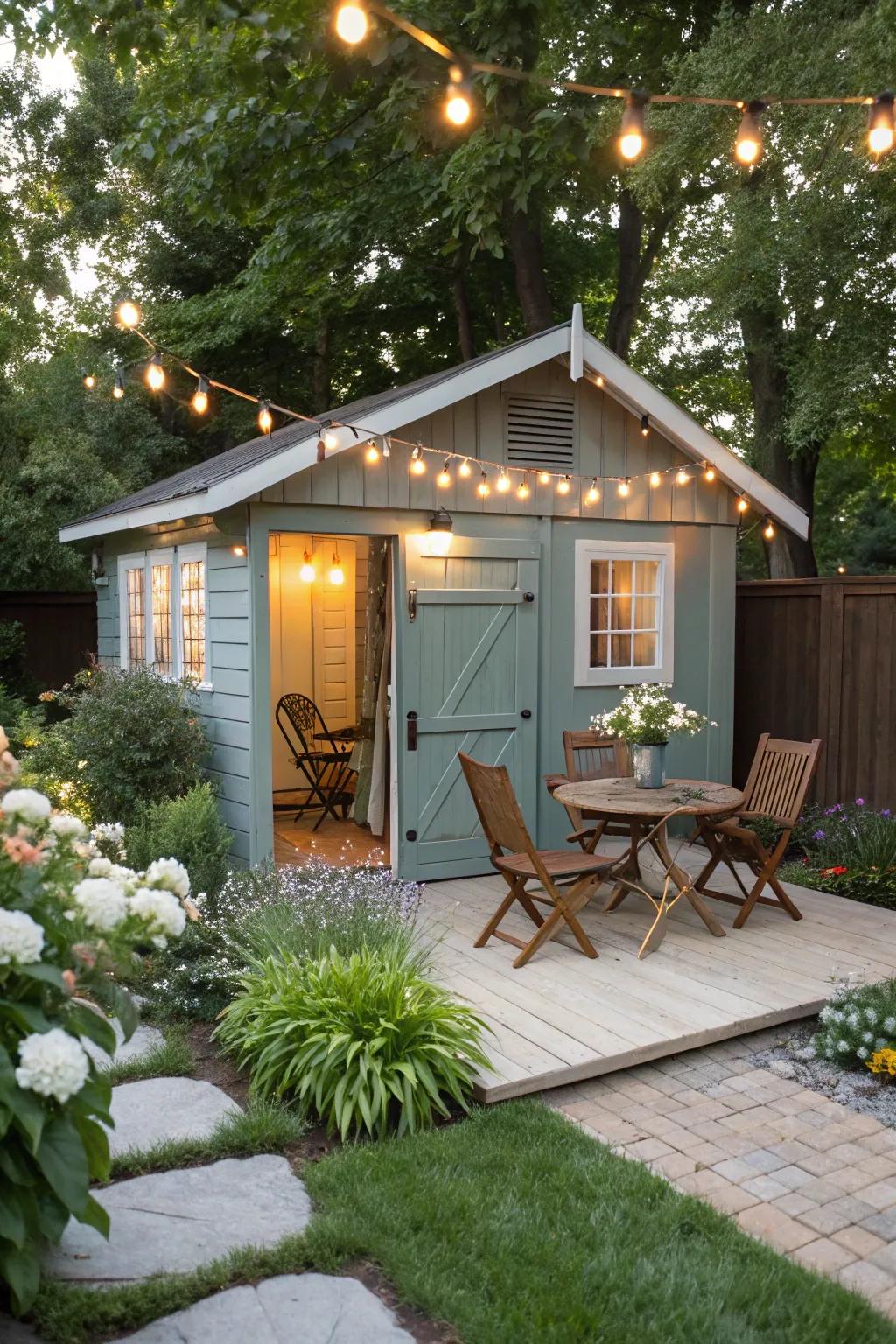 A cozy deck area boosting the shed's functionality.