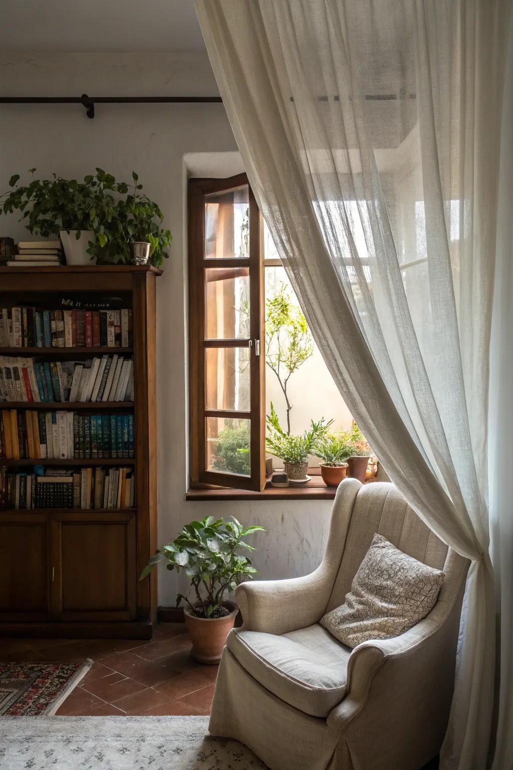 Distinct display methods of wispy curtains contribute character and enhance the decor of every space.