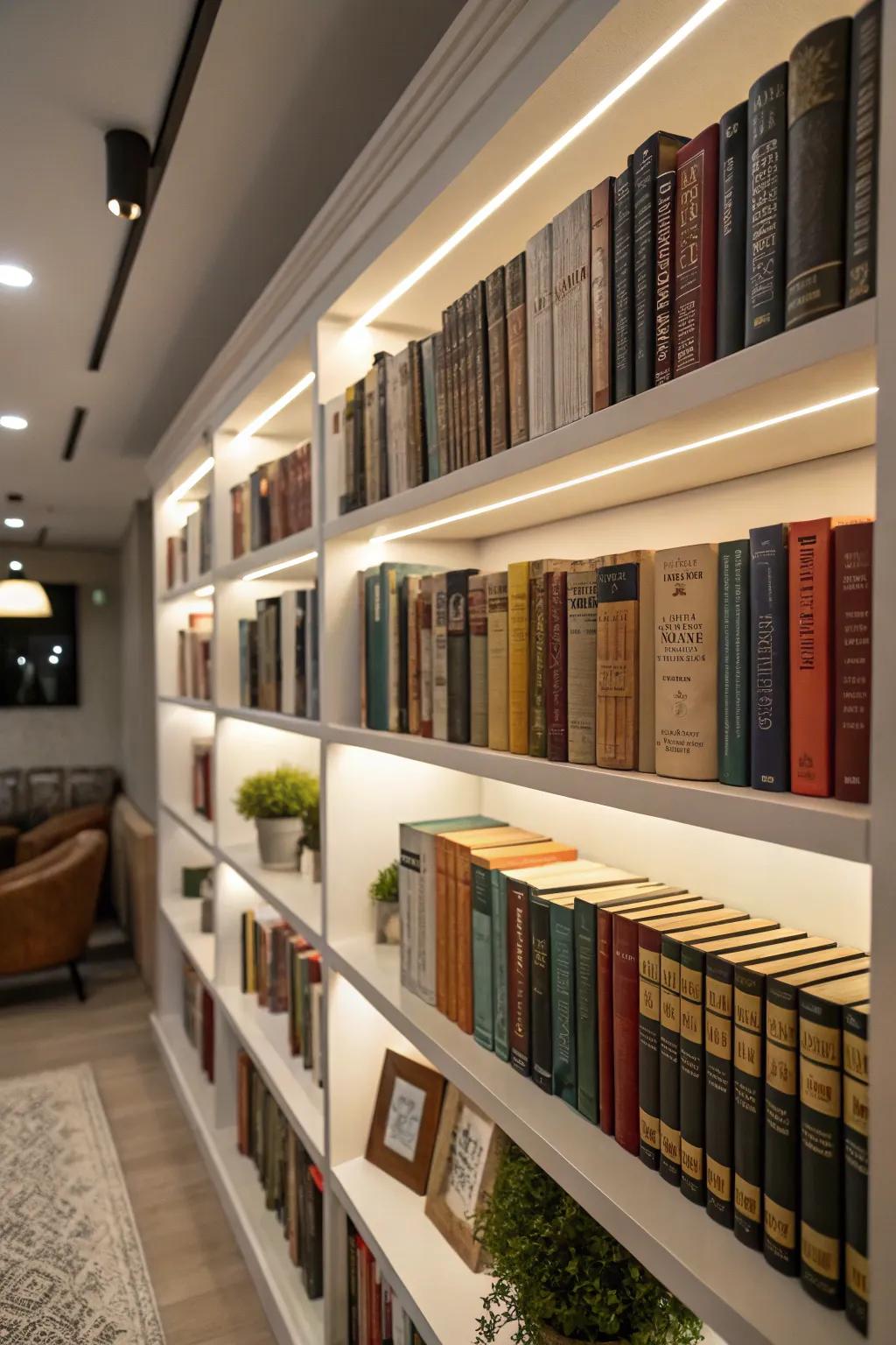 Reading materials arranged to add style and functionality to the shelf.