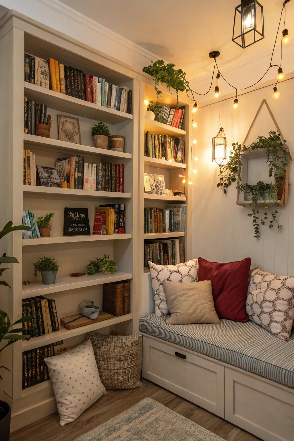 Angular shelves converting a nook into a cozy reading haven.