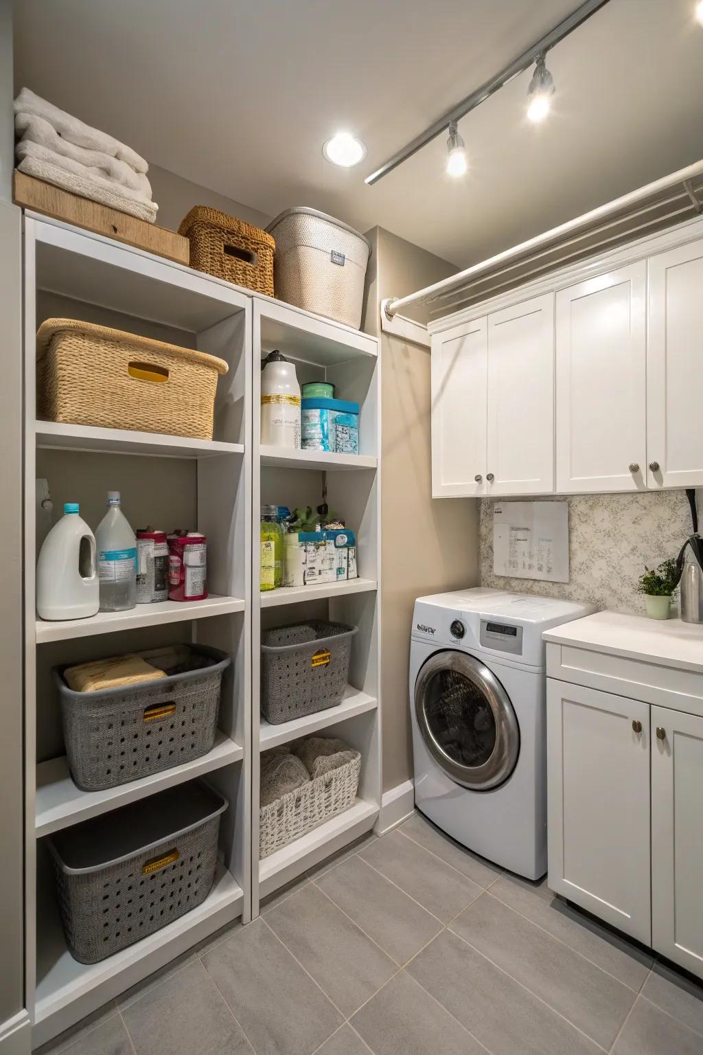 Corner shelving maximizes space and maintains order in a utility area with limited space.