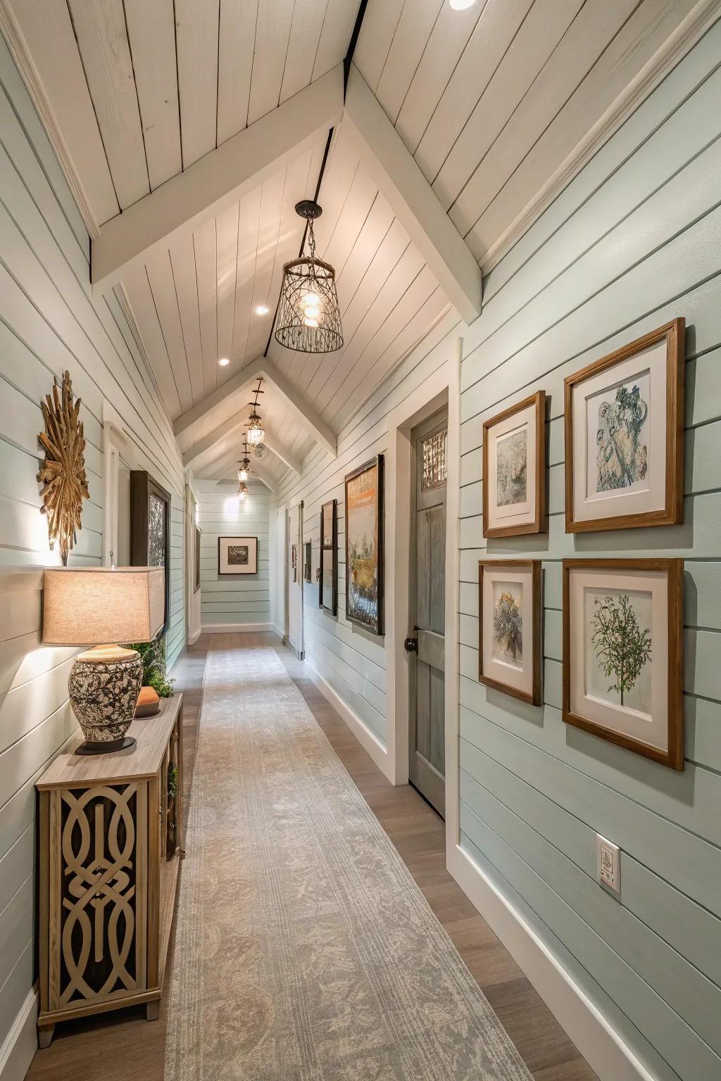 Smooth coherence as shiplap extends from the ceiling, down to the walls.