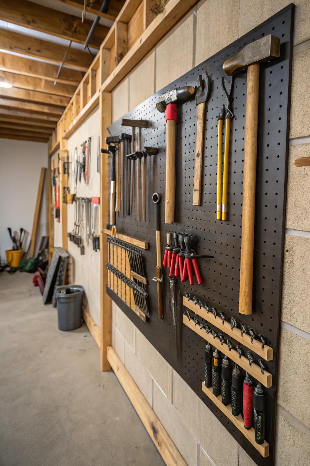 Unique tool racks mounted on a garage wall.