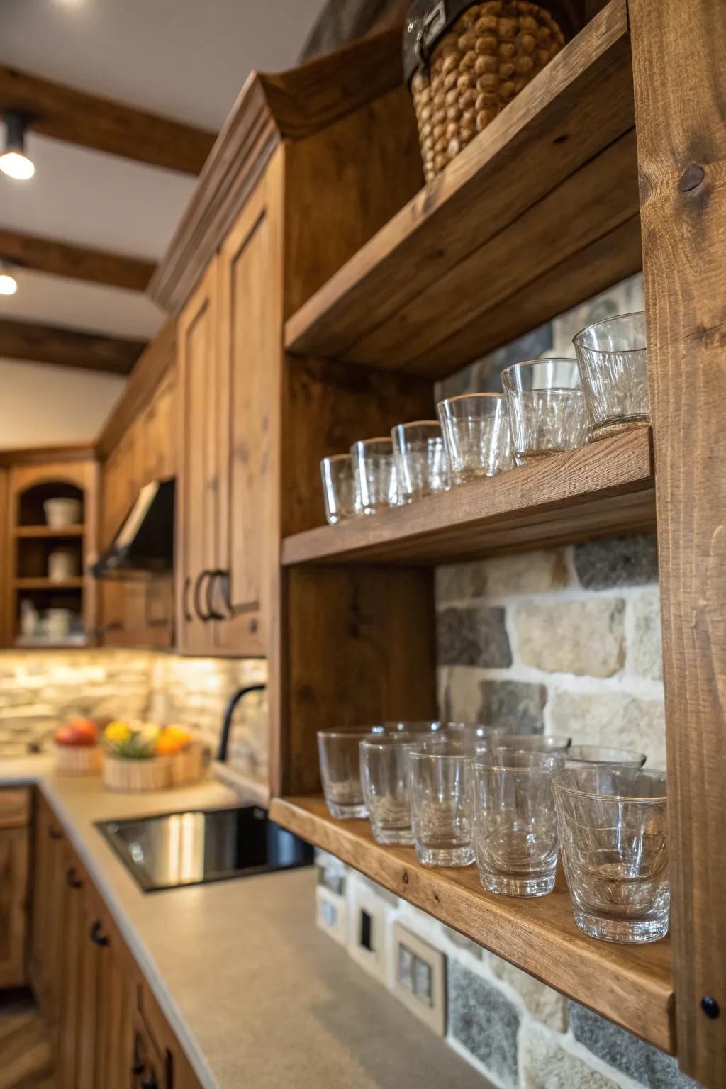 A culinary space styled in a farmhouse aesthetic, showcasing a rustic timber rack adorned with shot glasses.