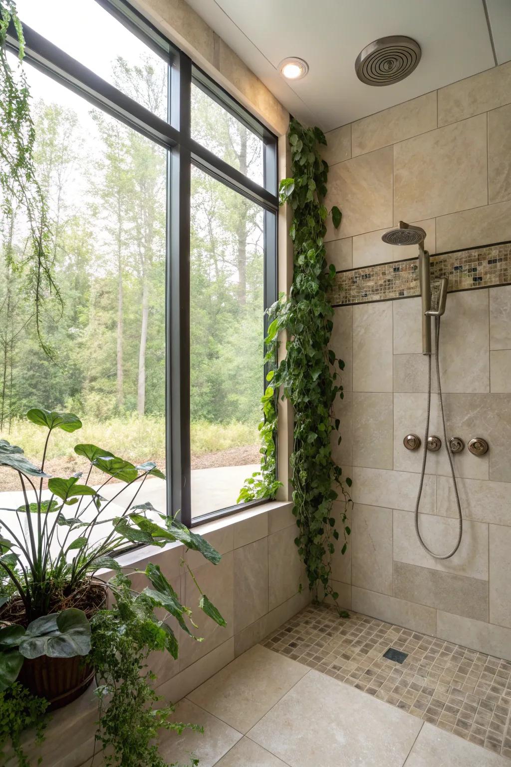 Abundant sun fills this shower, creating a serene and spacious atmosphere.