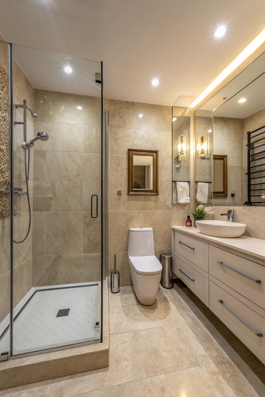 Neutral tones boost light and space, ideal for compact bathrooms.