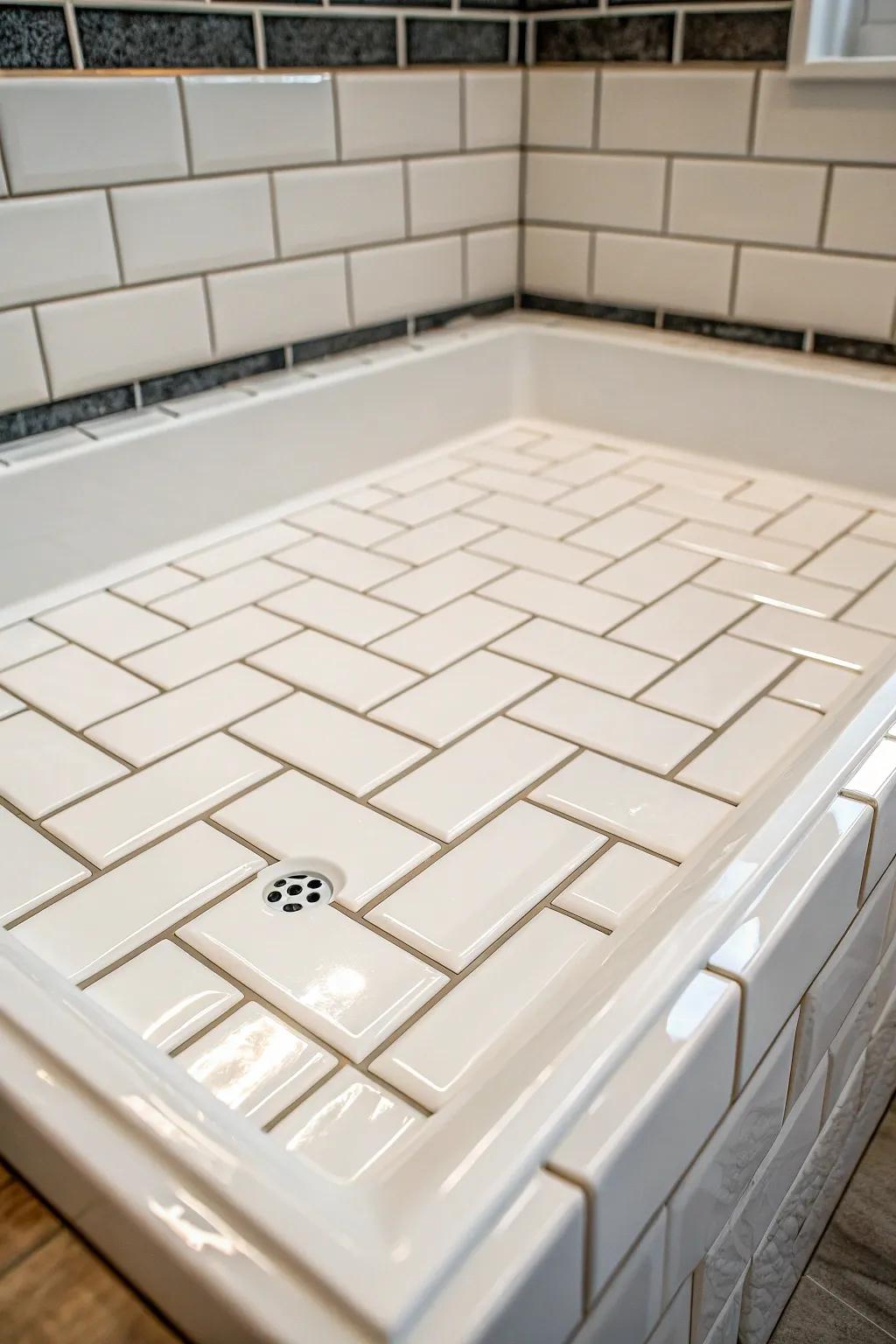Traditional white brick units on a shower pan, providing a timeless and neat style.