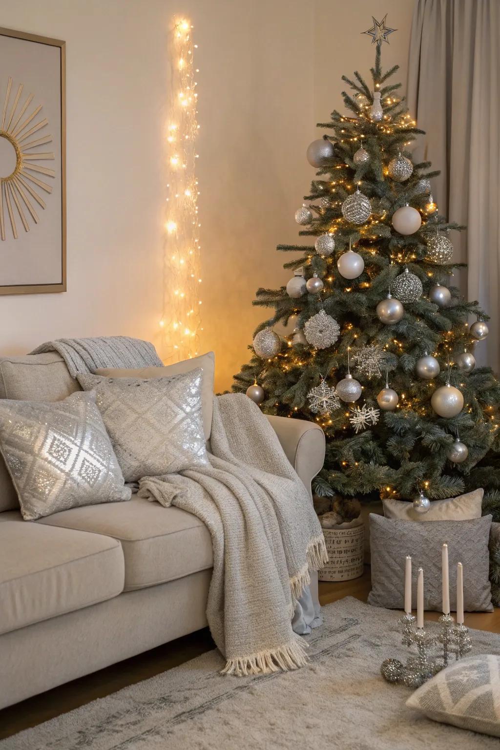 Produce a cozy and refined parlor area with silver decorations.