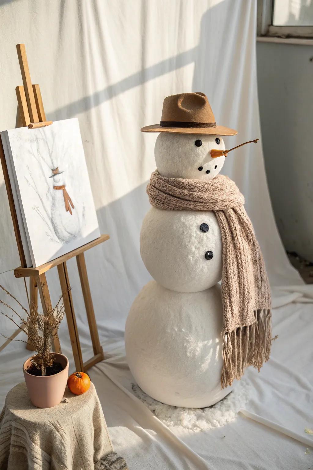 Embrace wintry allure through minimalist snowman artistry—unpretentious, snug, and elegantly fashioned.