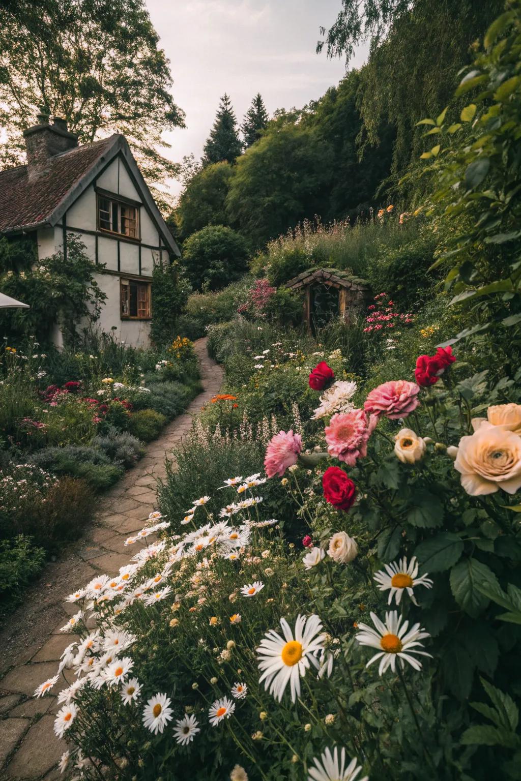 A snug country-style garden overflowing with diverse flowers.