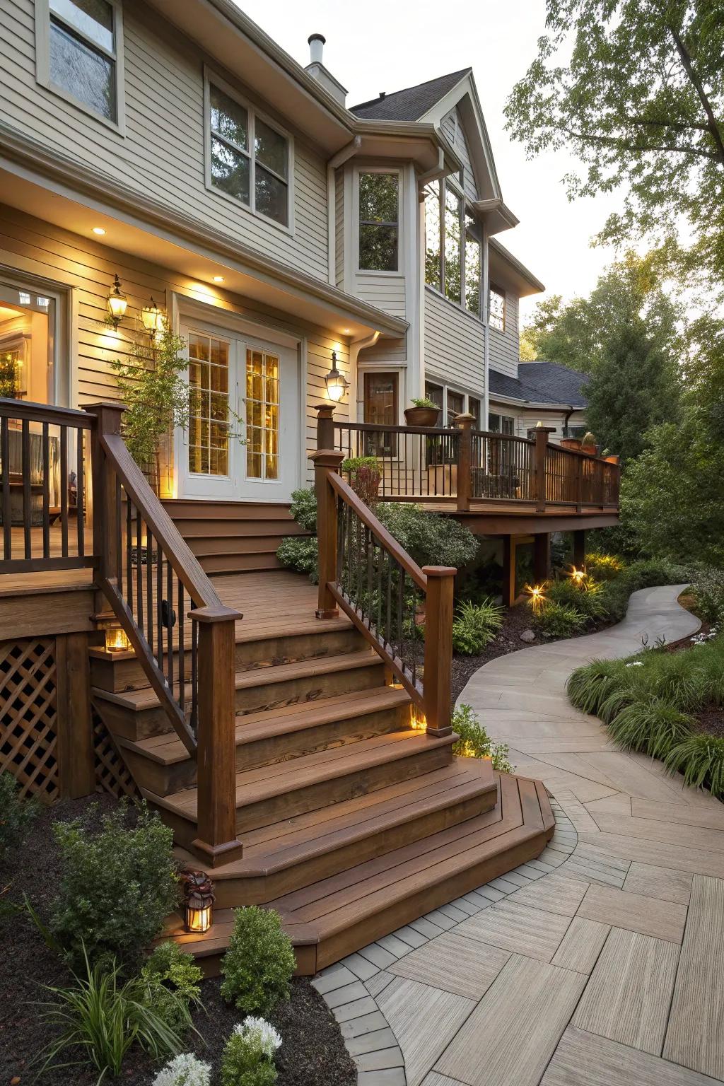 Varied deck levels give dimension and interest to the entrance.