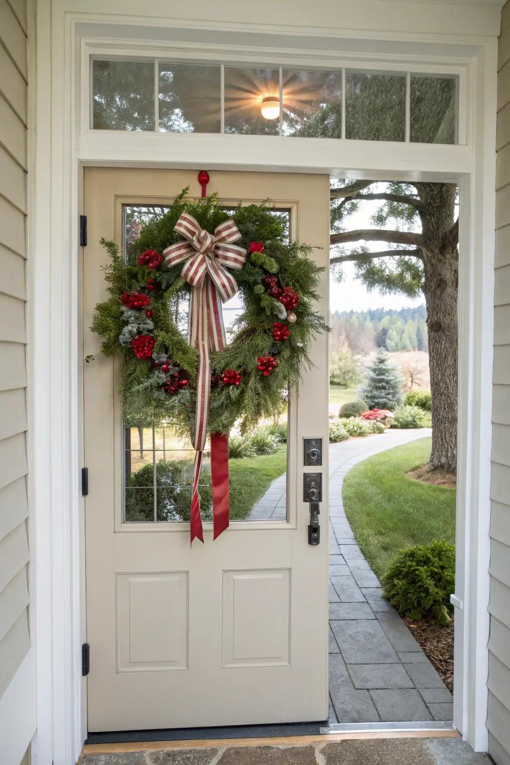 Striking ribbons and bows introduce a merry shade to your entrance.