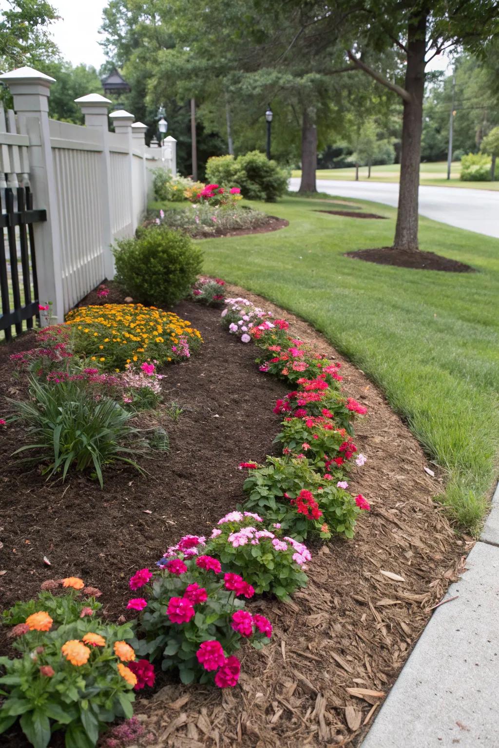 Protective ground cover maintains a neat, low-maintenance flower bed.