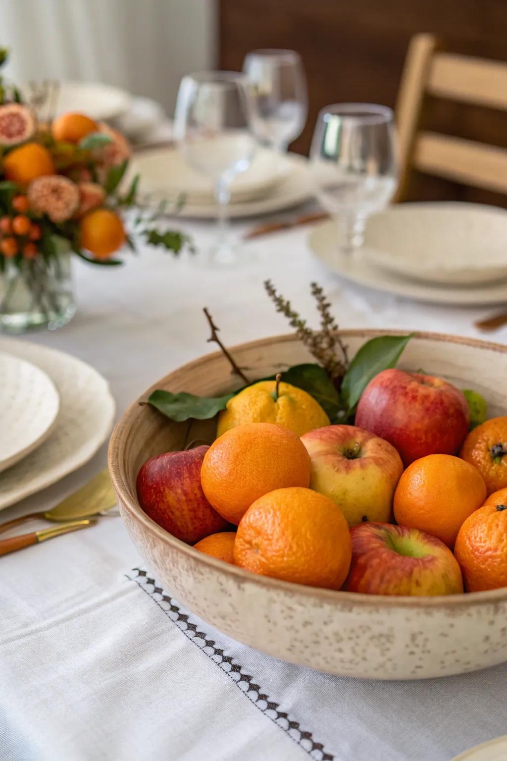 Seasonal harvests provide a vibrant touch of color and freshness, enlivening the table setting.