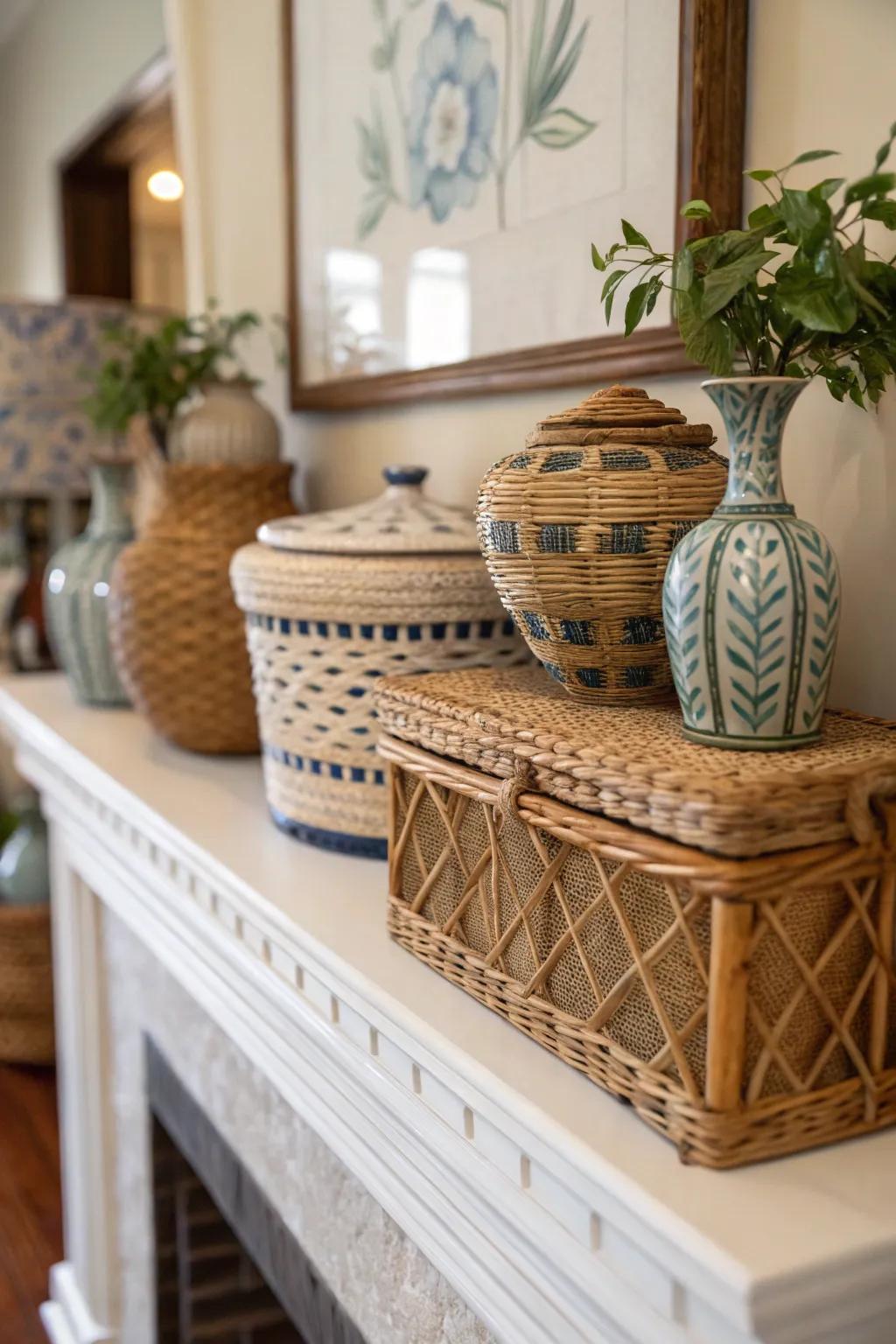 This everyday mantel achieves profound visual depth through layered materials.