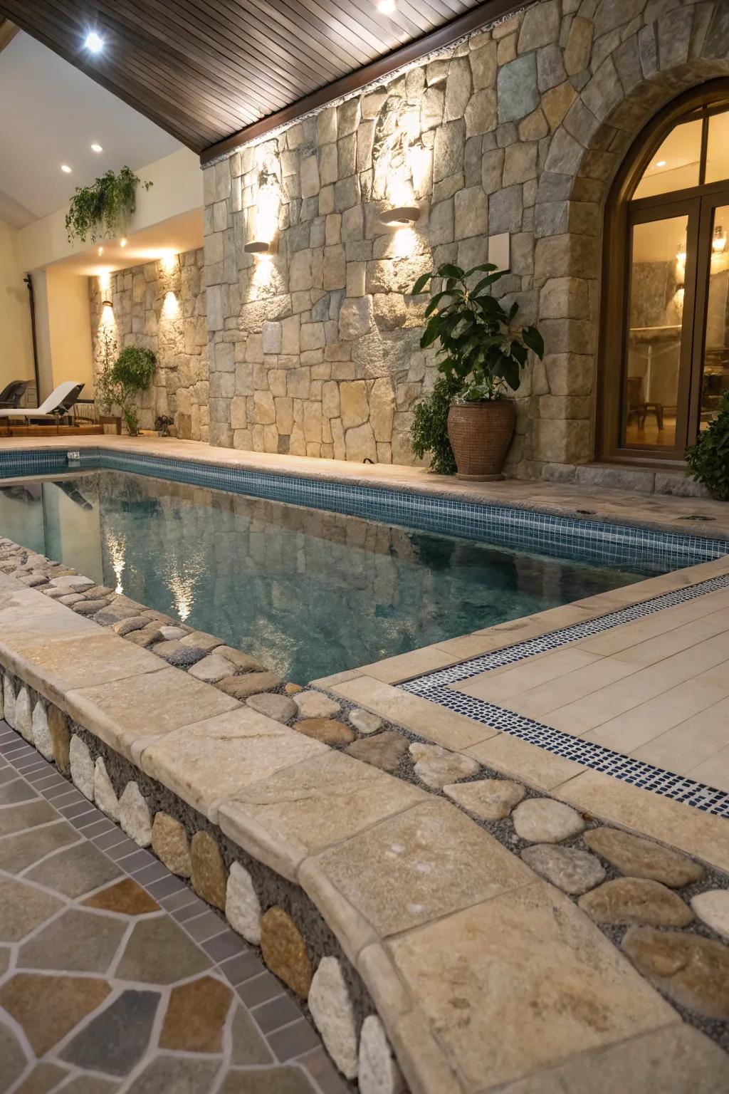 Stone and tile details adding polish to the poolside area.