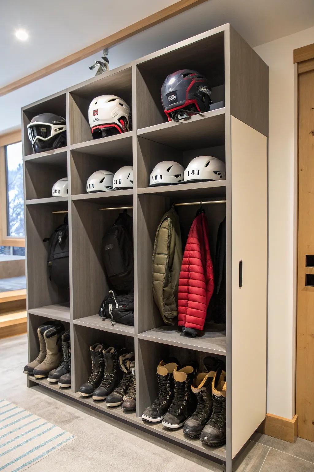 Multi-purpose storage guarantees all ski gear is neatly stored and easily accessible.
