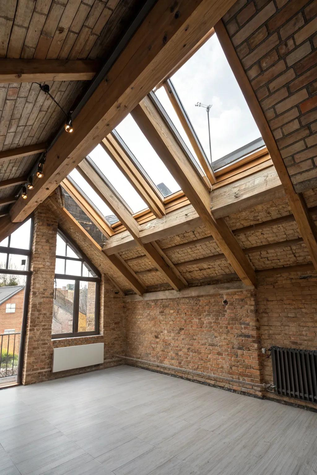 A loft space showing off an angled skylight frame.