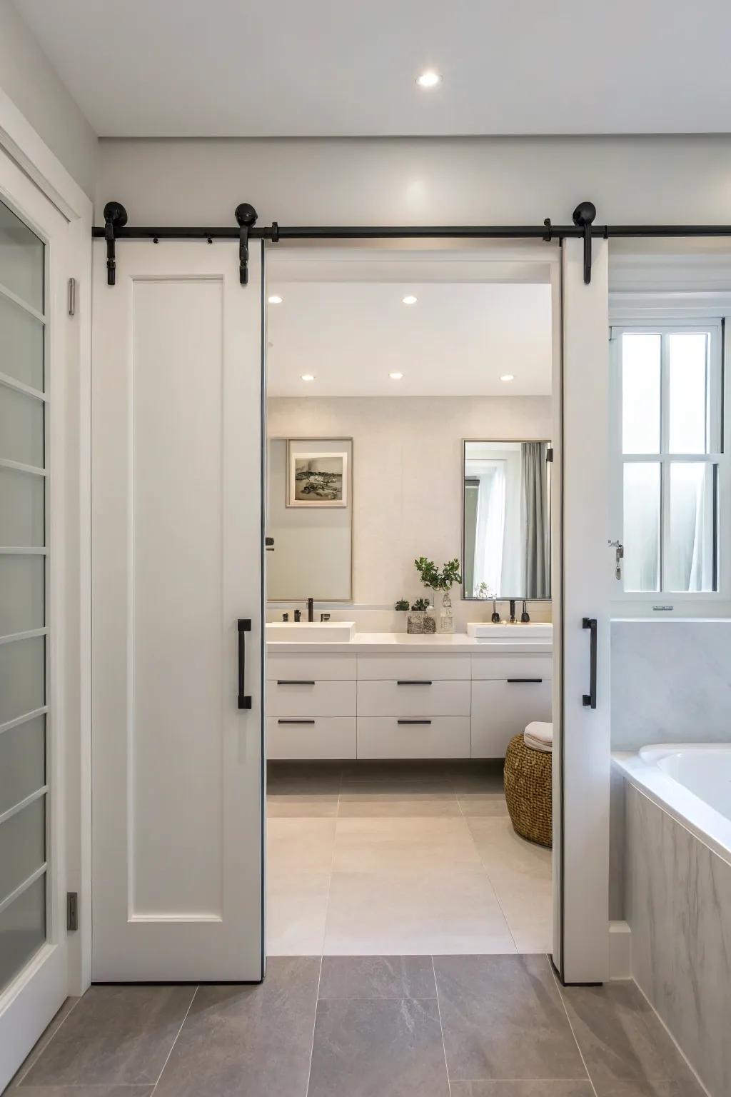 Small hardware on moving doors adds a touch of class to this bathroom.
