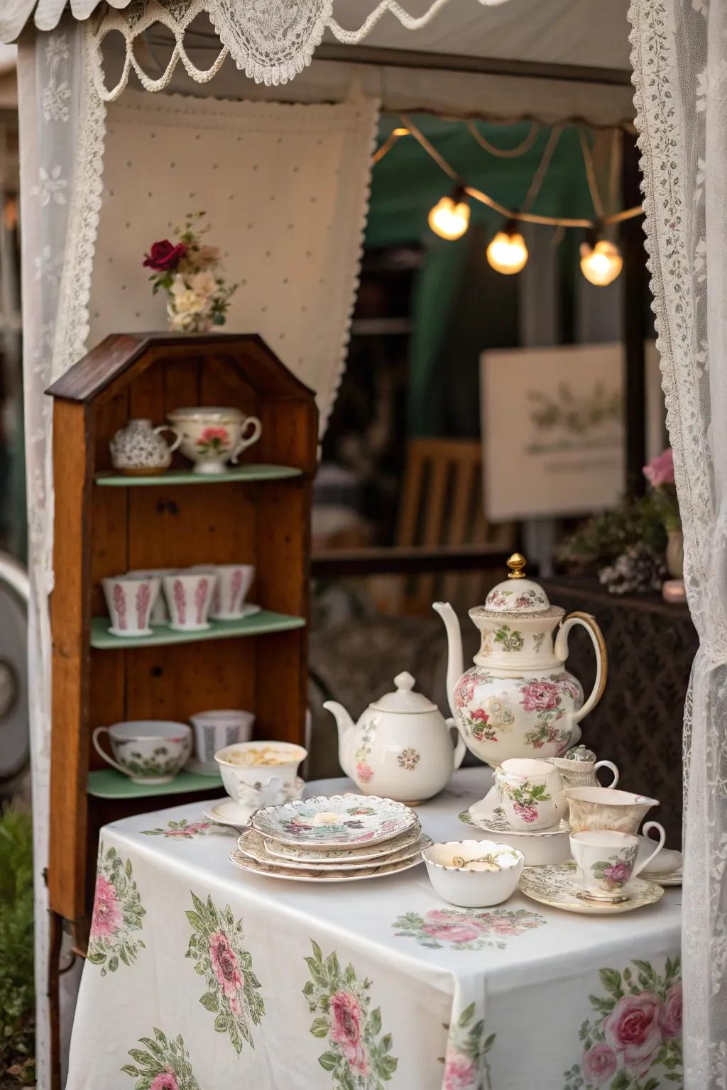 Planned collection of a vintage tea set and flower-patterned dinnerware