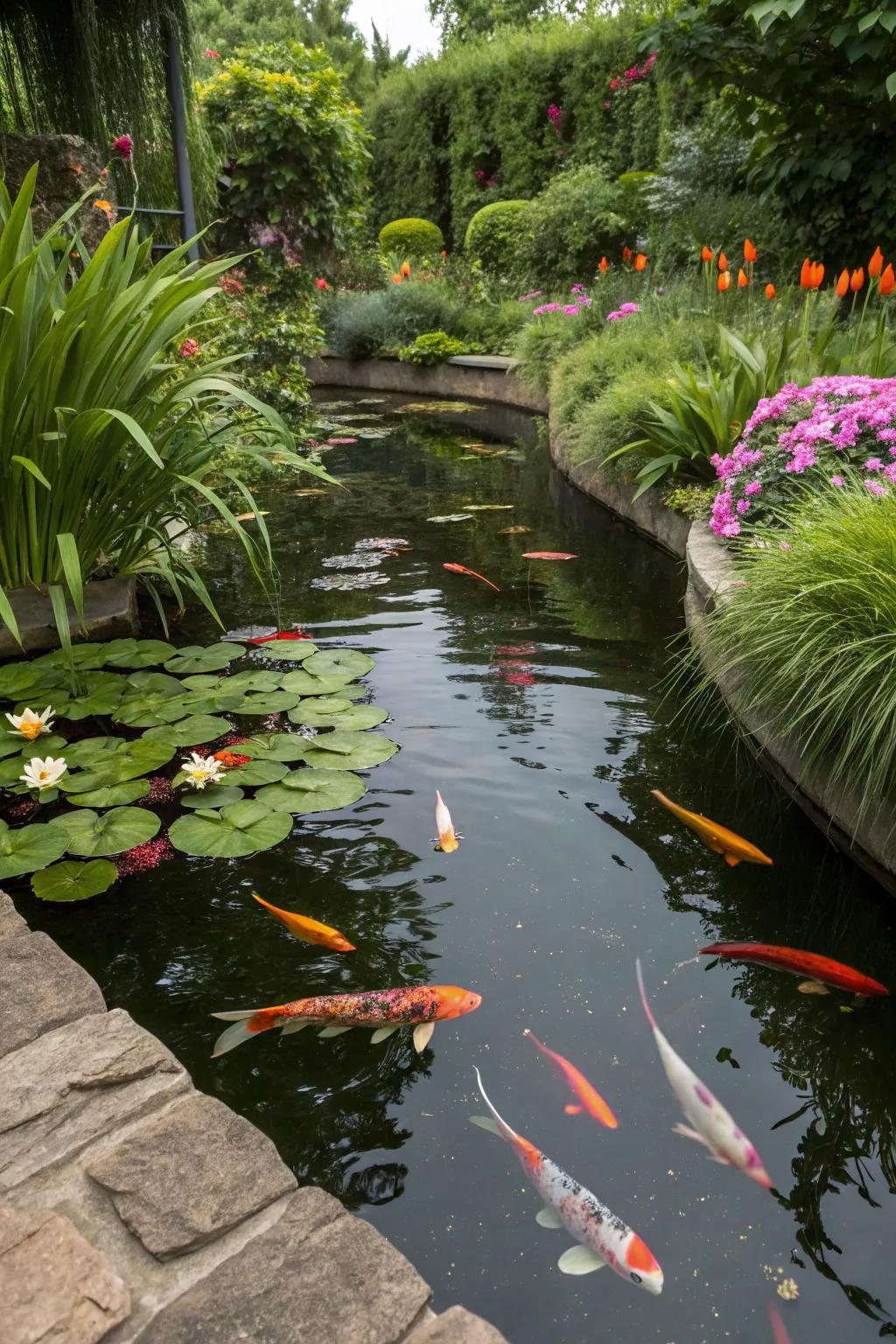 Decorative fish inject a dynamic spirit to a compact backyard pond.