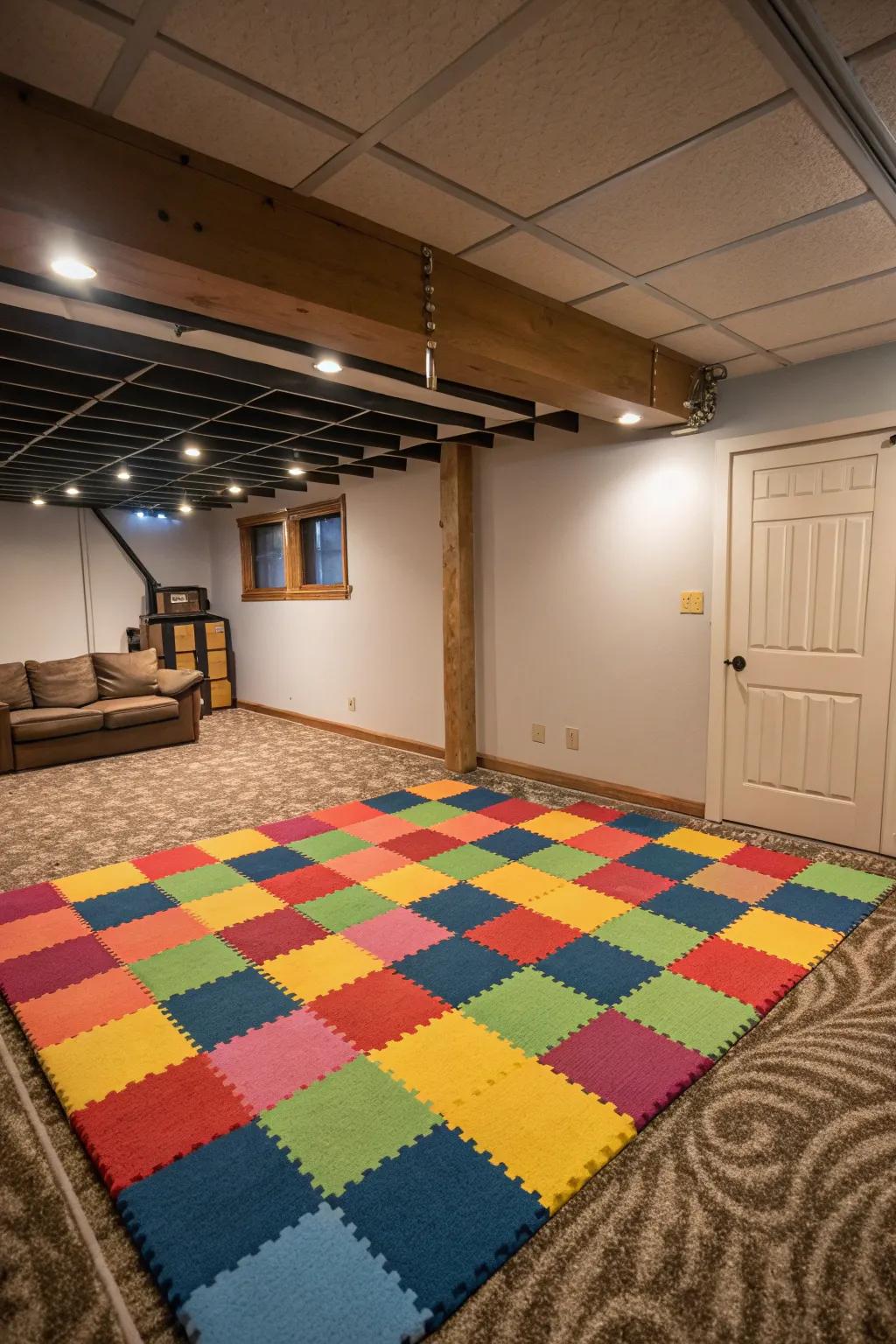 Be innovative using thrifty floor covering squares.