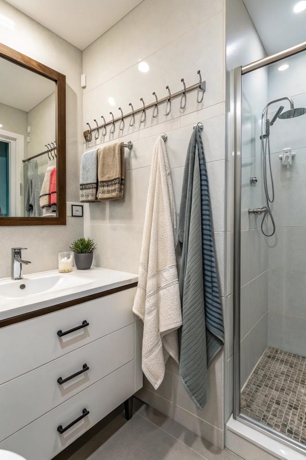 Hooks and peg rails provide a simple and effective storage option.