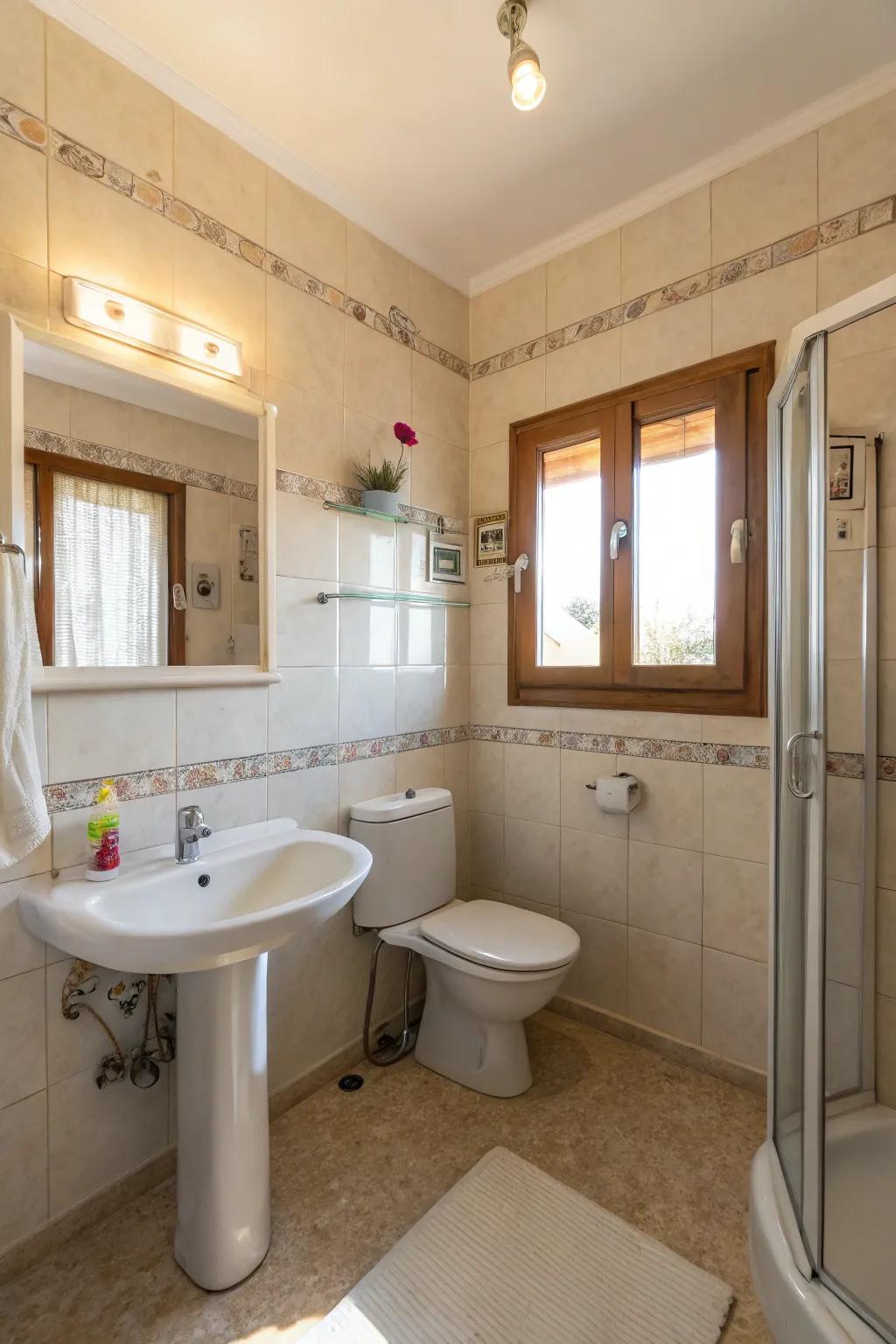 A radiant small bathroom with a blend of natural and artificial lighting.