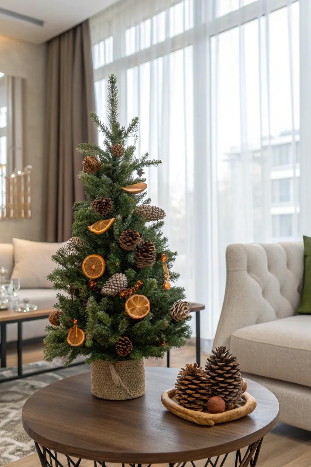 All-natural details lend a snug, organic vibe to this petite festive fir.