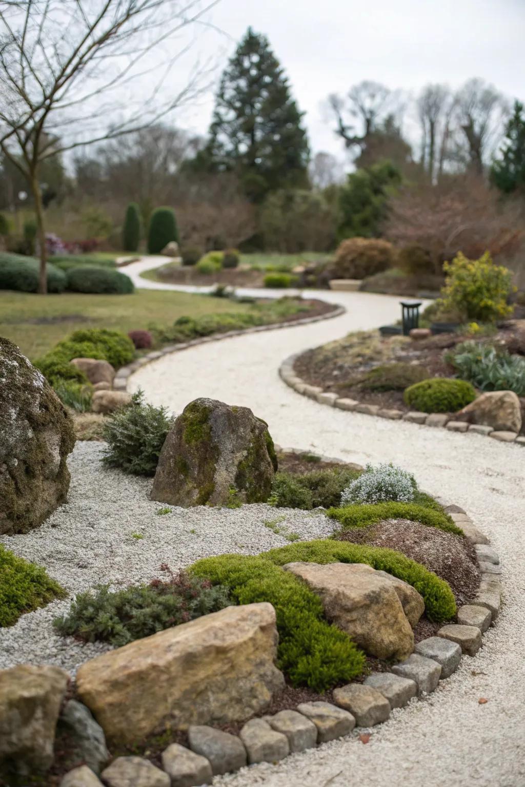 Delightful gravel routes wind through a corner rockery.