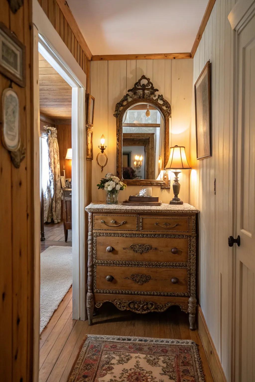 Aged accents add distinction to this charming cottage passageway.