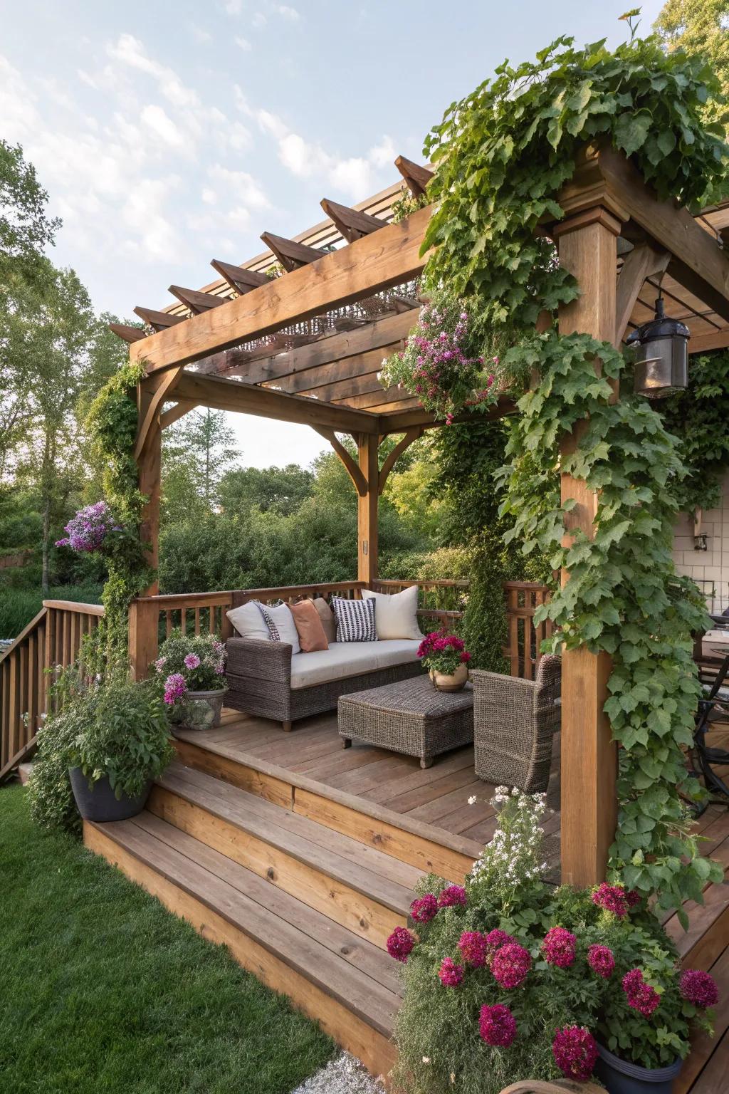A shaded small deck with a wood pergola.