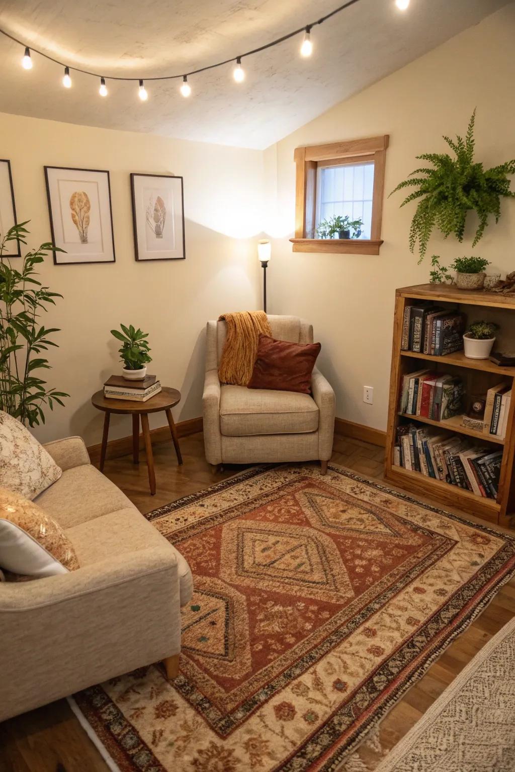 Floor coverings infuse comfort and characterize spaces inside a den.