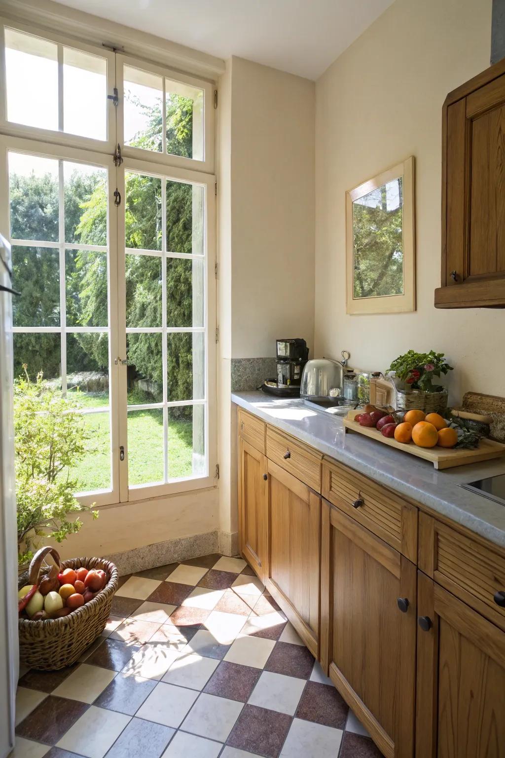 Natural light expands the kitchen area.