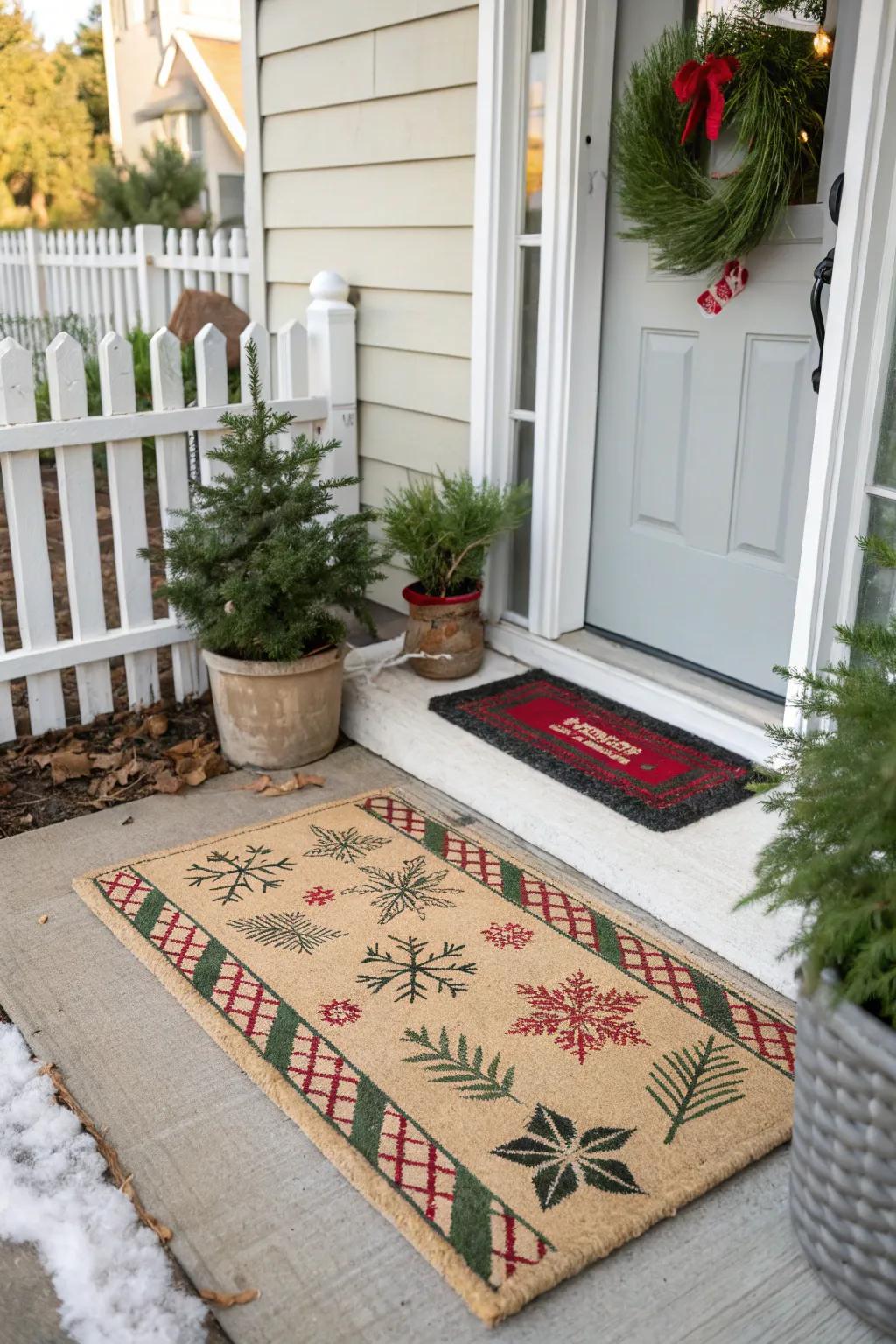 A festive foot mat serves as an effortless means to disseminate holiday mirth.