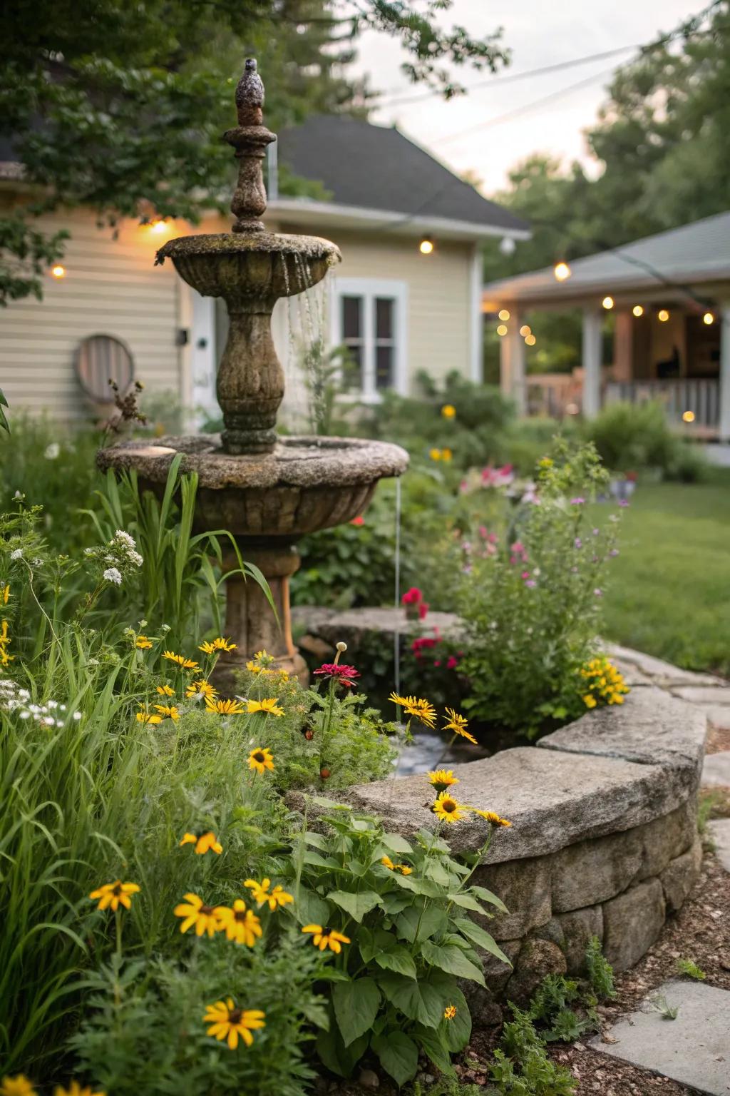 A weathered rock fountain appears naturally gorgeous.