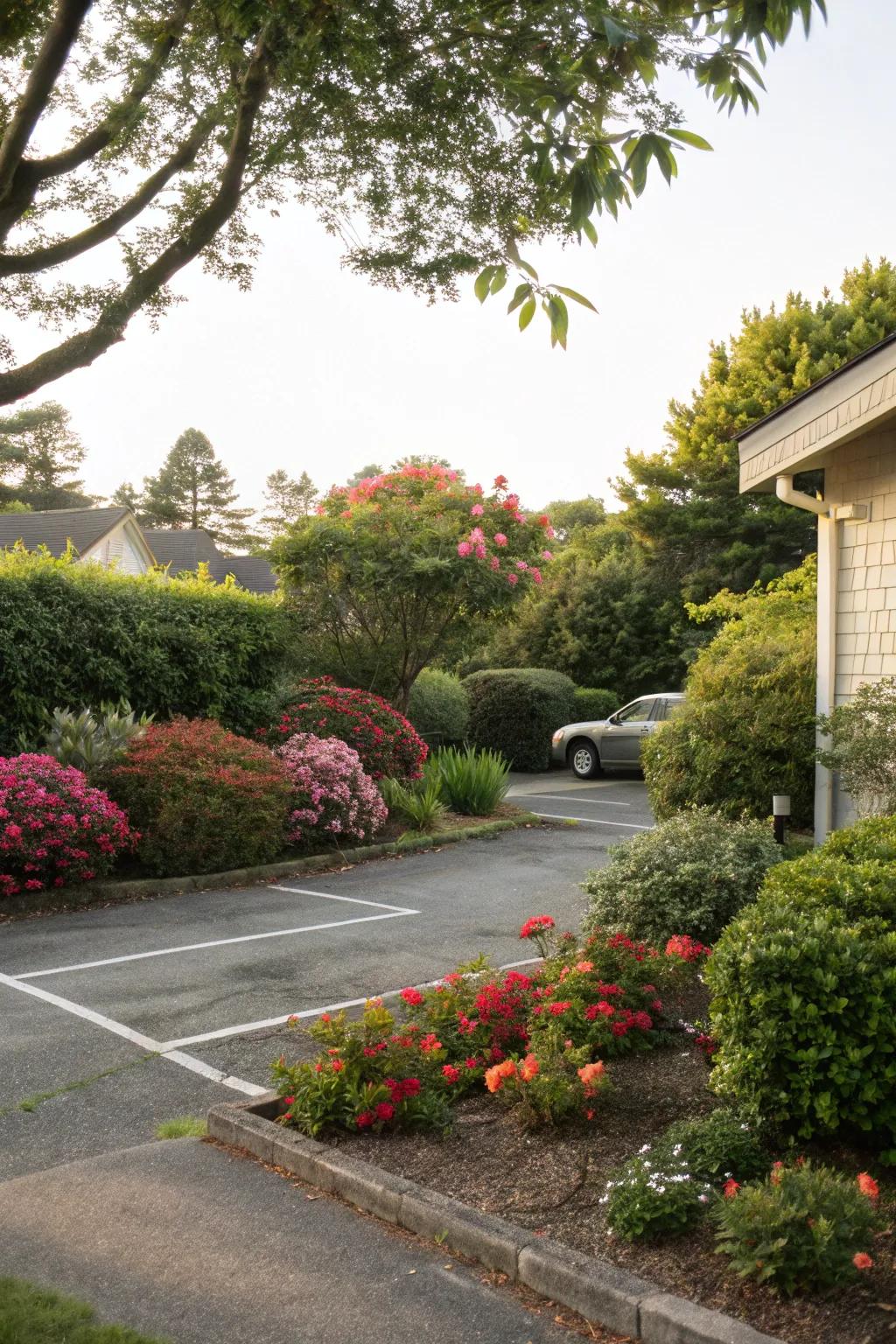 Integrating landscaping aids in merging parking spaces with the encompassing yard.
