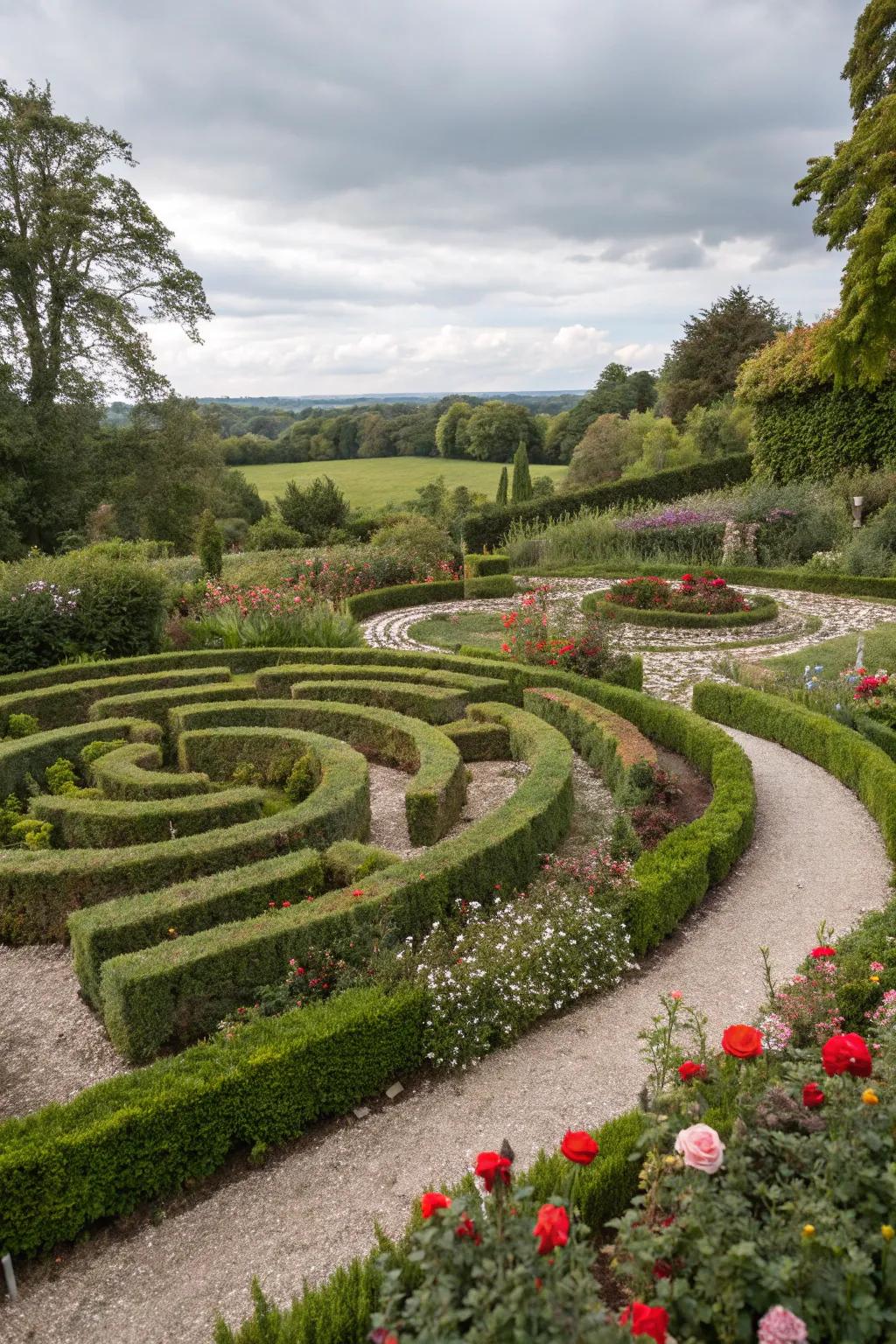 A vibrant labyrinth design featuring a blend of grass, stones, and shrubs.
