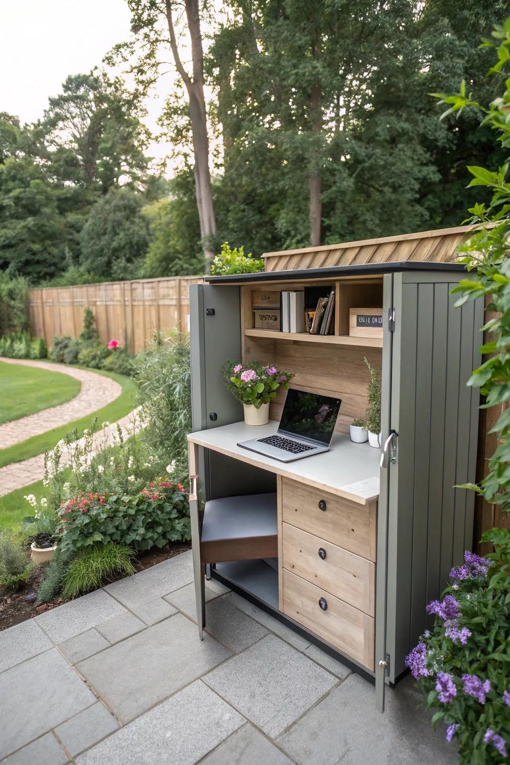 Clever incorporation of multifunctional furniture in a garden office.
