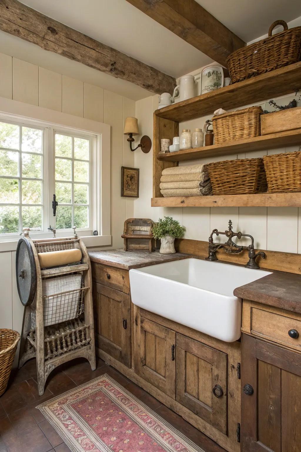 Incorporate farmhouse appeal into your tiny washing space.
