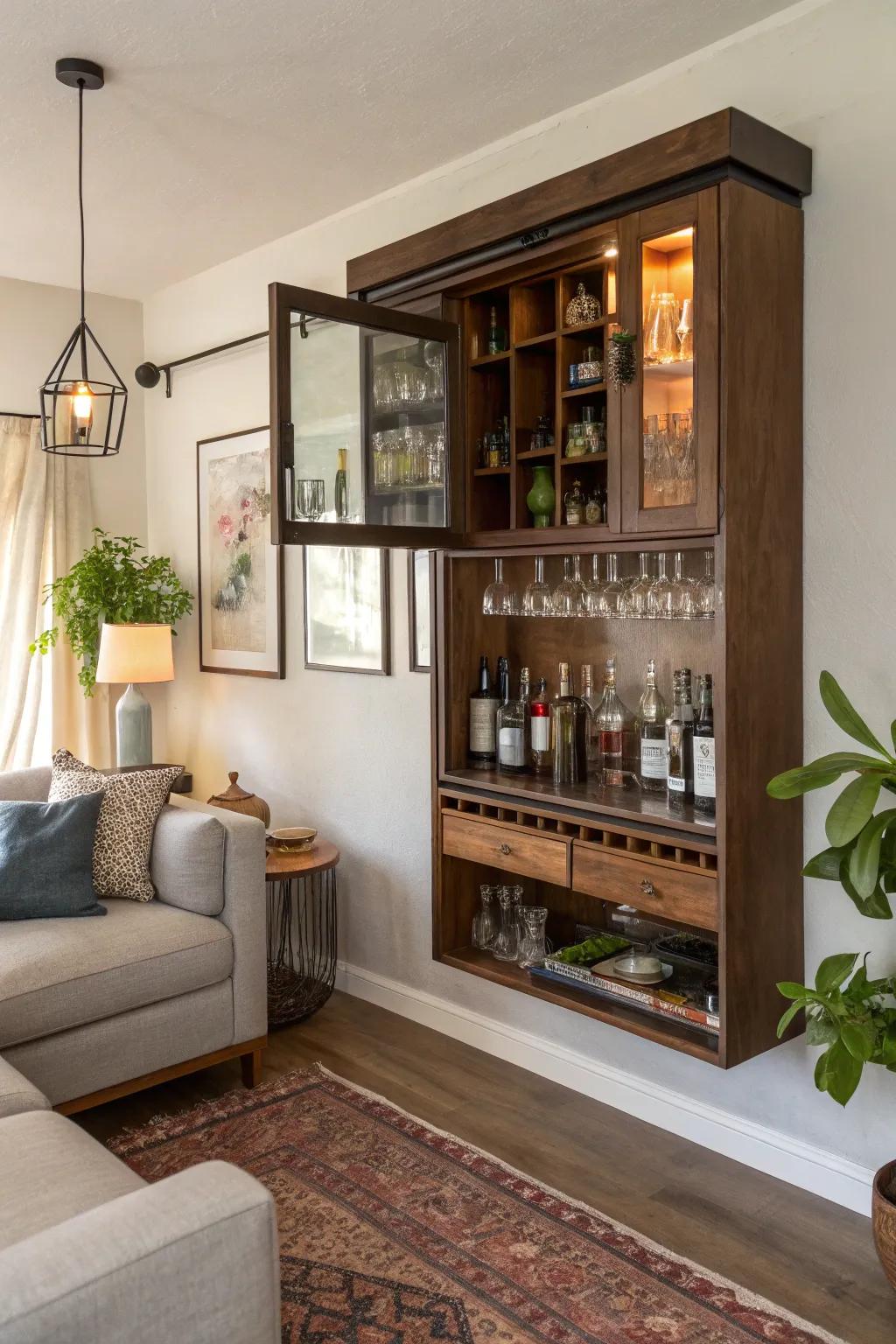 A floating storage unit offers a sleek and modern look.