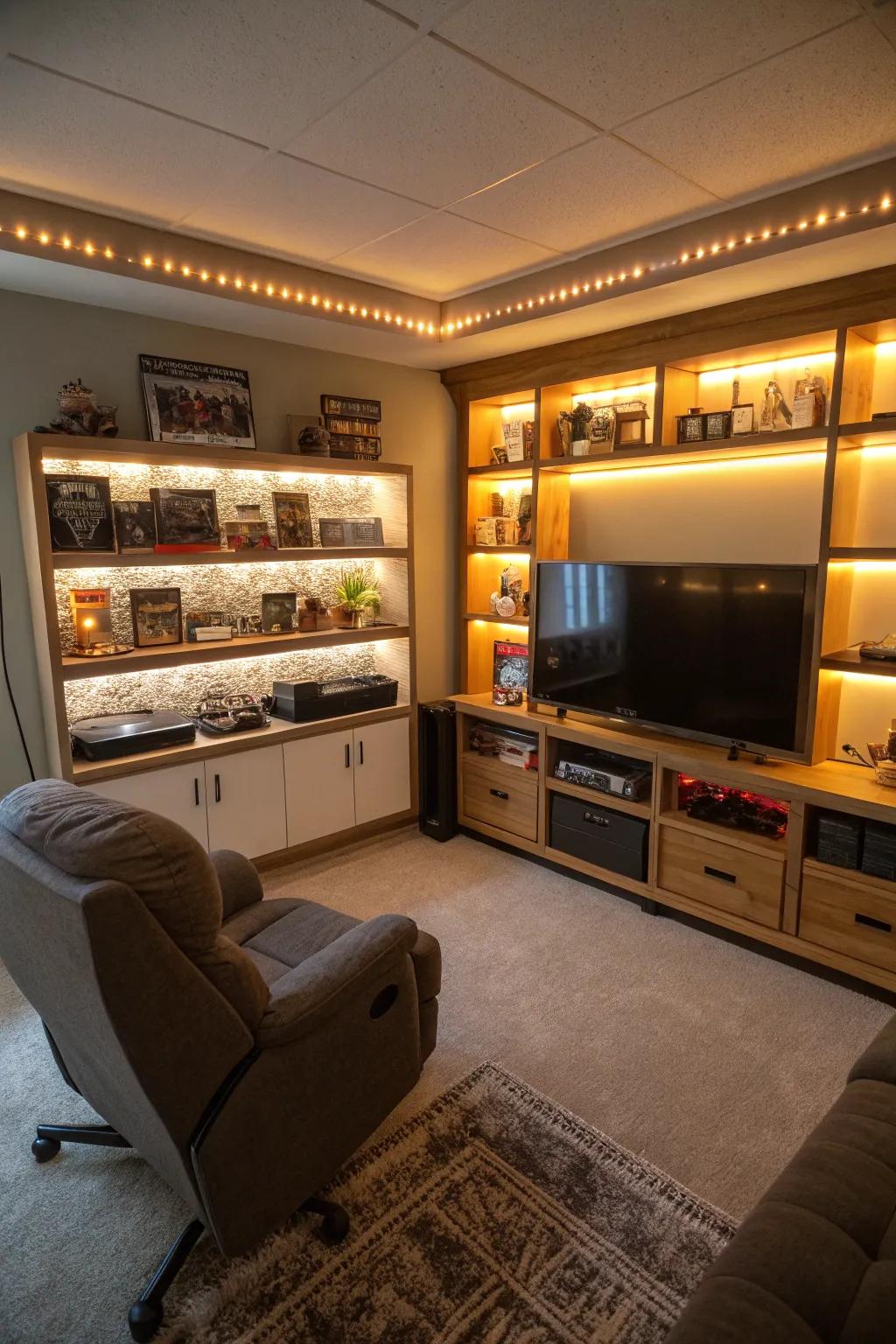 LED strip illumination beneath shelves generates a snug and inviting vibe.