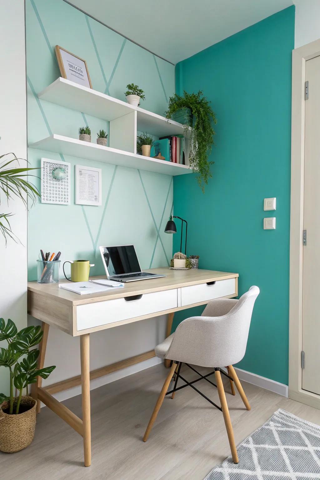 A small office displaying a vibrant accent wall to spark energy.