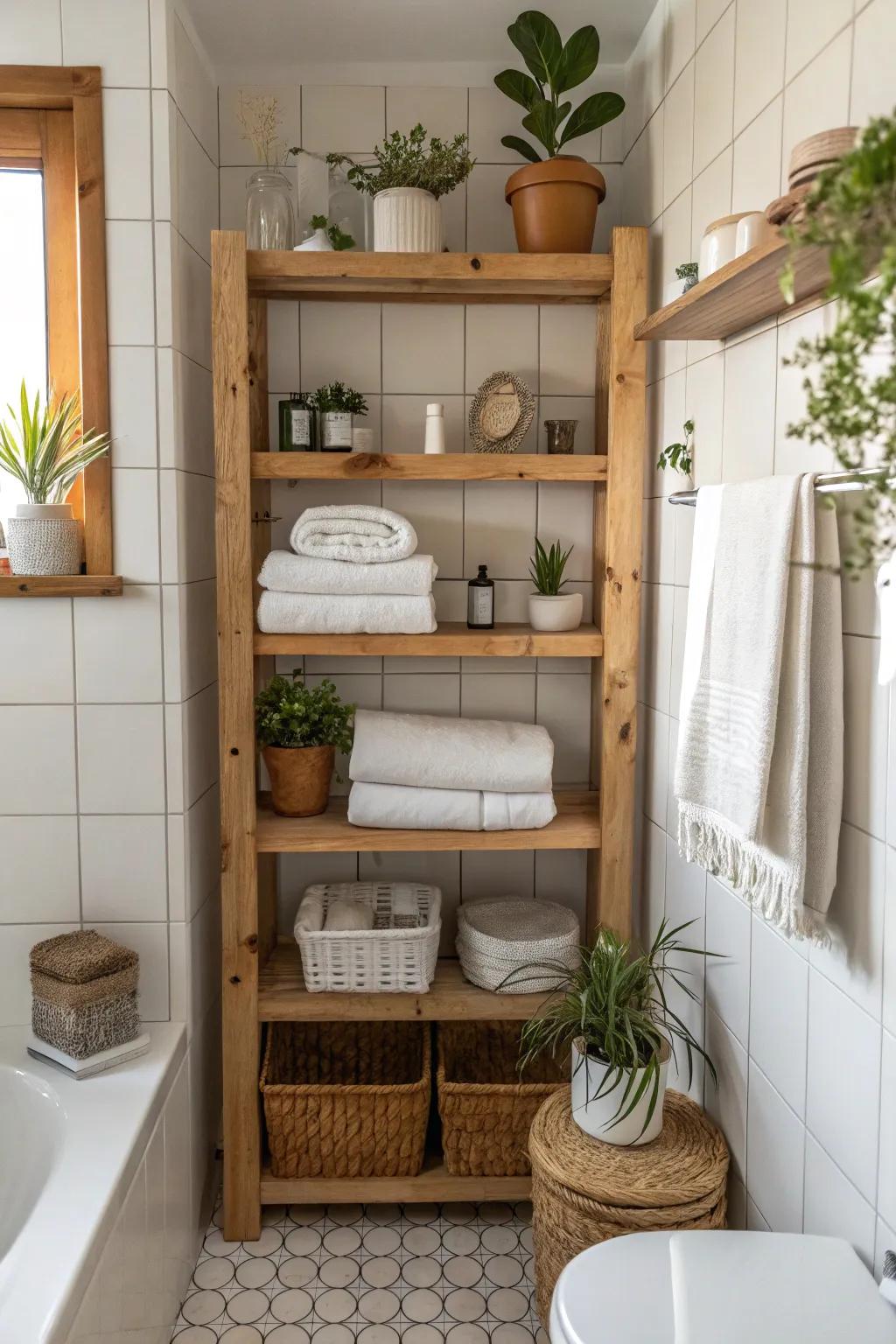 Effective storage using exposed timber shelves within a countryside-themed bathroom.