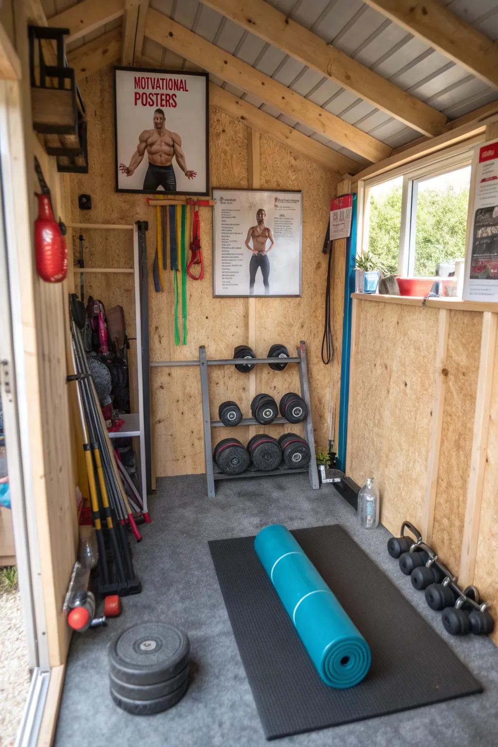 A small home gym arrangement inside a compact shed.